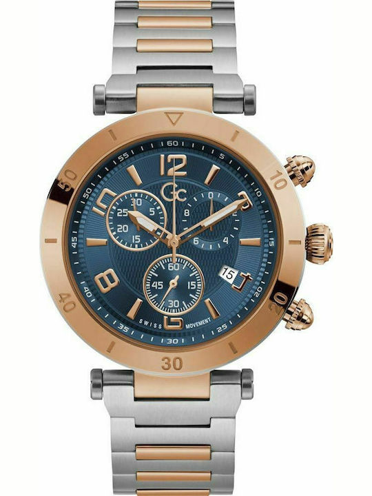 GC Watches Ανδρικό Ρολόι 44mm Χρονογράφος Μπαταρίας με Ασημί Μεταλλικό Μπρασελέ