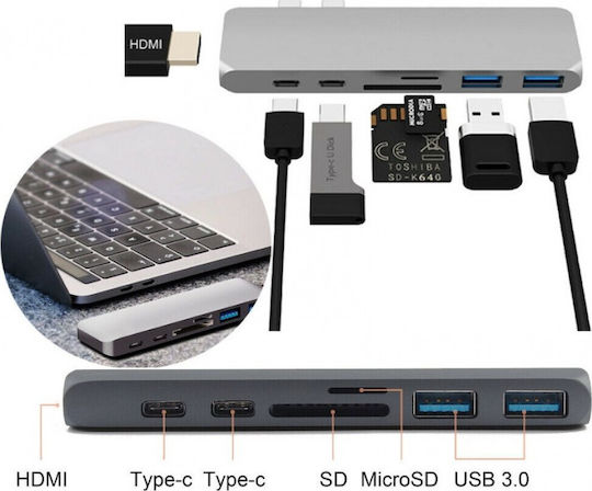 Bakeey 7-in-1 Dual USB-C Hub Docking Station with USB-C / Dual USB-C 4K PD Ethernet Silver