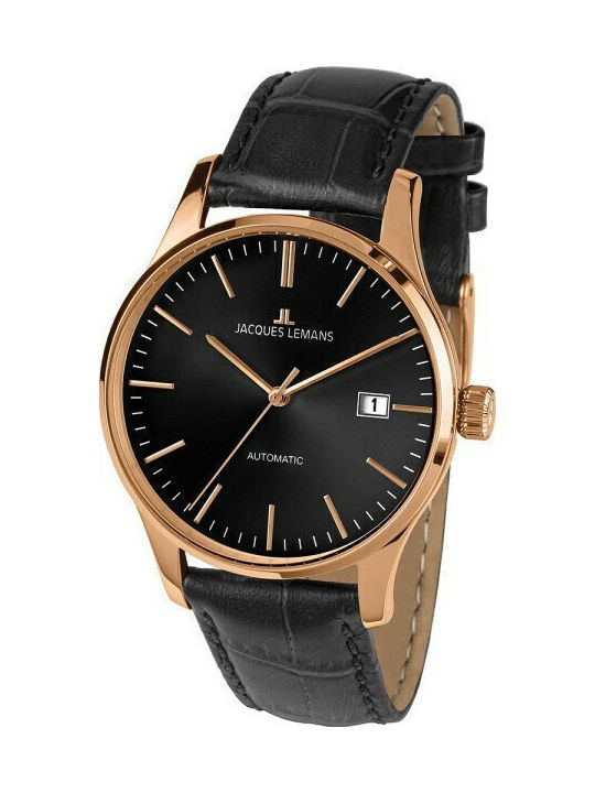 Jacques Lemans London Дамски Часовник Автоматичен с Черна Кожена Каишка
