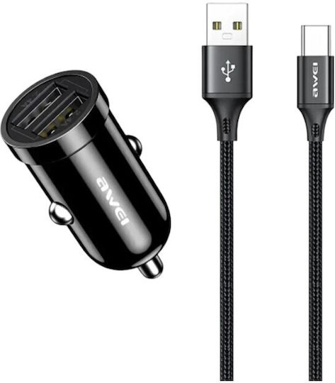 Awei Car Charger 12W 2.4A Fast Charging with Ports 2xUSB-A with Type-C Cable Black Colour