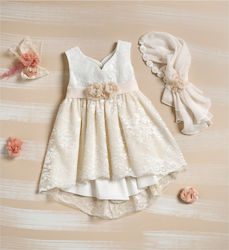 Lollipop Celebrations Beige Lace Baptism Outfit with Dress , Hair Accessories & Cardigan 3pcs