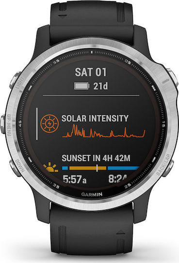 Garmin Fenix 6S Solar Stainless Steel 42mm Αδιάβροχο Smartwatch με Παλμογράφο (Silver with Black Band)