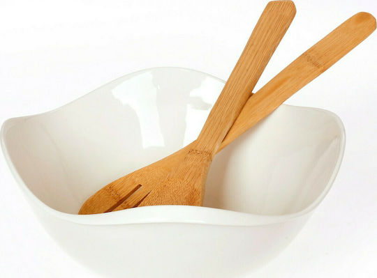 Cryspo Trio Fleur Porcelain Salad Bowl with Salad Spoons White 27x27x11cm 3pcs