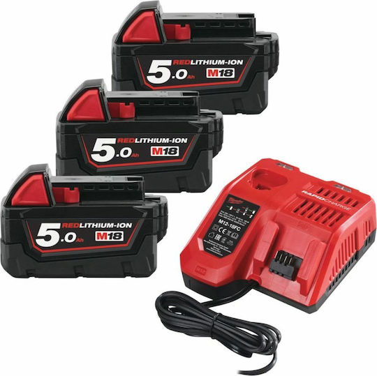Milwaukee Set 3 Werkzeugbatterien Lithium 18V Kapazität 5Ah mit Ladegerät M18 Nrg503 Kit