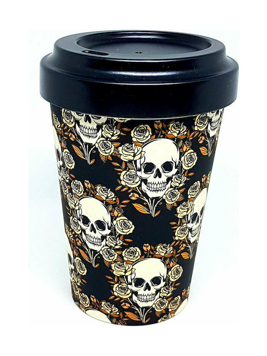 Puckator Skulls and Roses Κούπα Μπαμπού με Καπάκι Μαύρη 400ml