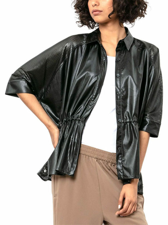 Lighthouse Women's Leather Short Sleeve Shirt Black