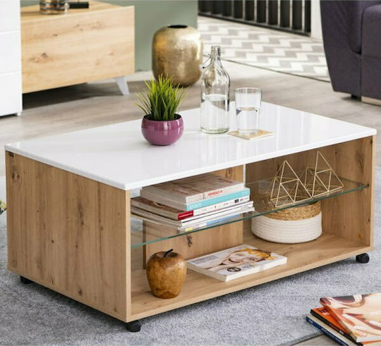 Masa Centrală Rectangulară Bert Din Lemn Cu Roți Artisan Oak-Lac Alb M101xL60xÎ45cm