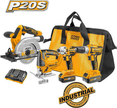 Ingco Set Circular Saw & Drill Driver & Impact Screwdriver & Jigsaw 20V with 2 4Ah Batteries and Case