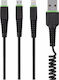 Fonex Budi Cable 3in1 Спирала USB към Lightning / Type-C / micro USB Кабел 2A Черен 2м M8J150T3S-BLK