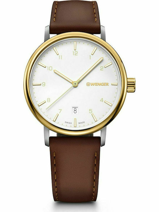 Wenger Ανδρικό Ρολόι 40mm Μπαταρίας με Καφέ Δερ...