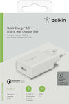 Belkin Φορτιστής Χωρίς Καλώδιο με Θύρα USB-A 18W Quick Charge 3.0 Λευκός (WCA001vfWH)