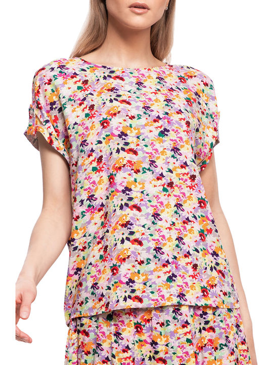 Tom Tailor Damen Sommer Bluse Kurzärmelig Blumen Beige