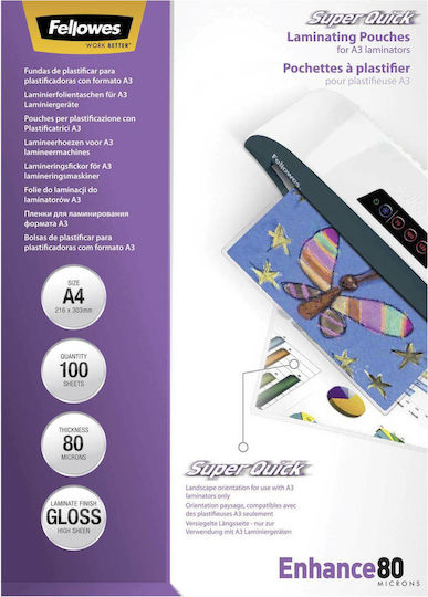 Fellowes SuperQuick A4 80 Micron Glossy Laminating Sheets 100 Pieces