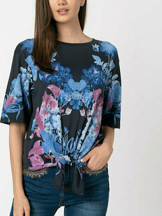 Desigual Mirror Damen Sommer Bluse Kurzärmelig Blumen Marineblau