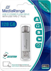 MediaRange 128GB USB 3.1 Stick cu conexiune USB-A & USB-C Argint