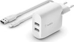 Belkin Φορτιστής με 2 Θύρες USB-A και Καλώδιο Lightning 24W Λευκός (Boost Charge)