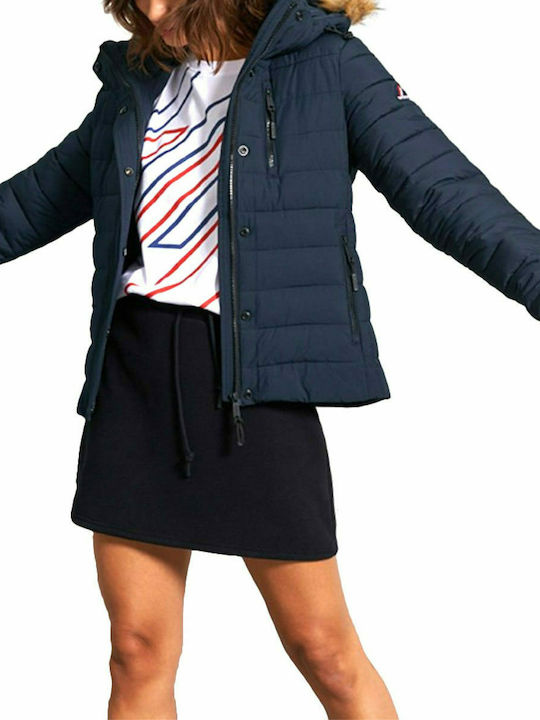 Superdry Fuji Kurz Damen Puffer Jacke mit pelziger Kapuze für Winter Marineblau