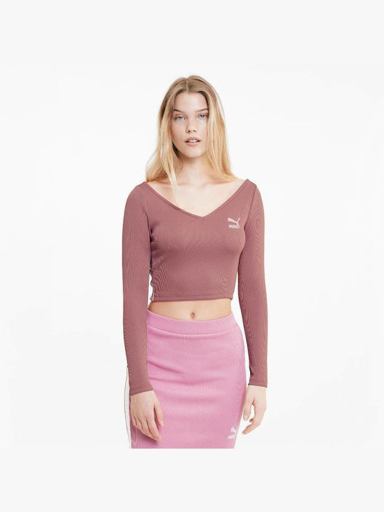 Puma Classics Women's Crop Top Long Sleeve with V Neckline Pink