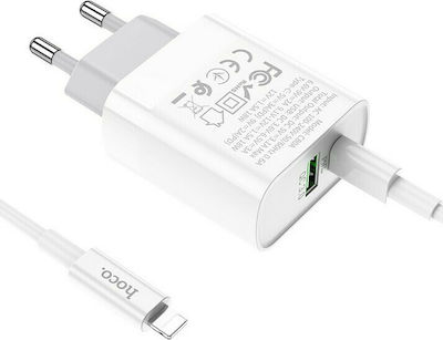 Hoco Φορτιστής με Θύρα USB-A και Θύρα USB-C και Καλώδιο Lightning 20W Power Delivery Λευκός (C80A Rapido)