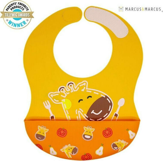 Marcus & Marcus Wide Me Giraffe Waterproof Bib Silicone with Hoop & Loop Fastener & Pocket Yellow
