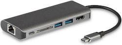 Powertech USB-C Stație de andocare cu HDMI 4K PD Ethernet Argint (PTH-043)