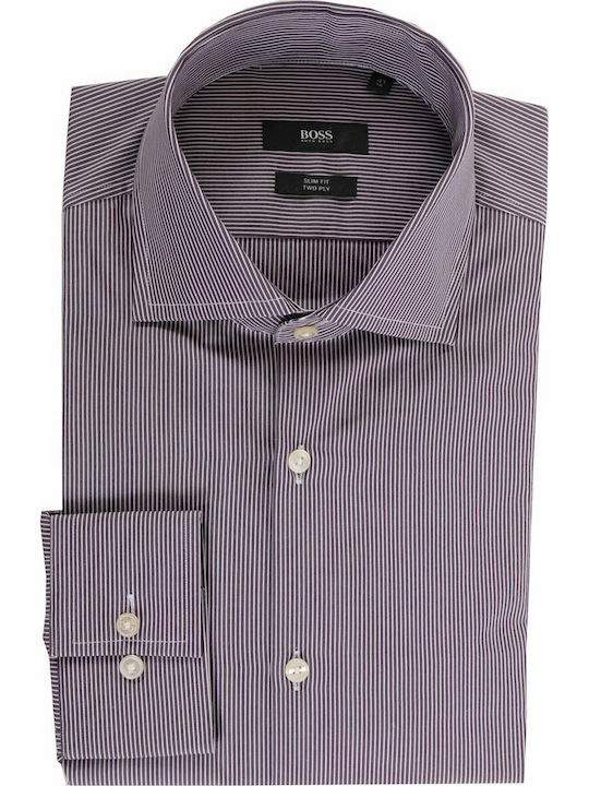 Hugo Boss Men's Shirt Long Sleeve Cotton Striped Purple