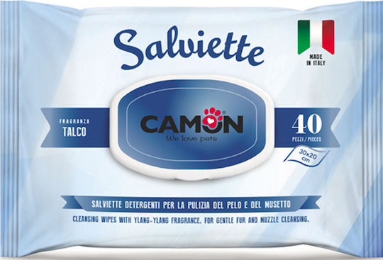 Camon Salviette 40 Dog and Cat Wipes for Body Cleansing with Powder Scent Alcohol Free