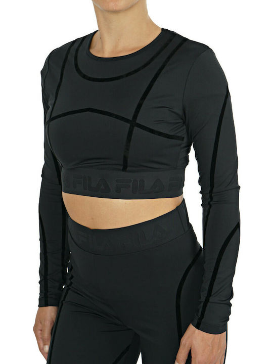 Fila Kalyani Crop Top Sportiv pentru Femei cu Mâneci Lungi Negru