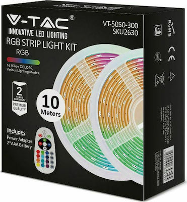 V-TAC LED Лента Захранване 220V RGB Дължина 2x5m и 30 LED на Метър Комплект с Дистанционно и Захранване SMD5050