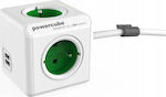 Allocacoc Extended 4-Outlet PowerCube with USB 1.5m Green Γαλλικού Τύπου