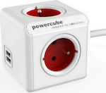 Allocacoc Extended PowerCube 4 Prize cu 2 USB și Cablu 1.5m Roșu