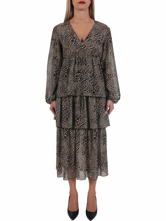 RELISH OREN ABITO ANIMAL PRINT V-NECK DRESS OREN BROWN