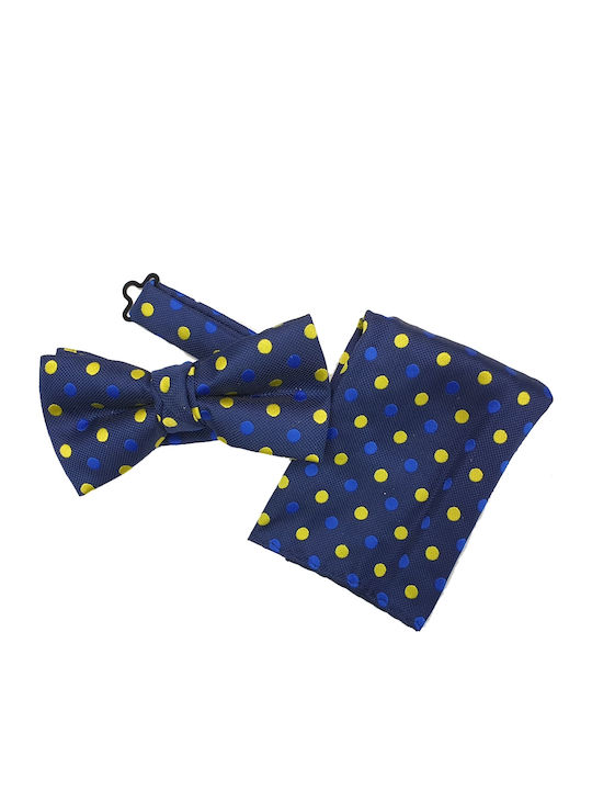 Μπλε παπιγιόν και μαντηλάκι τσέπης με κίτρινα και μπλε ρουαγιάλ πουά - StudioAccessori