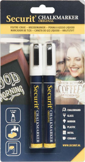 Securit Chalk Marker Σετ Μαρκαδόροι Λευκοί Μαυροπίνακα Υγρής Κιμωλίας για Γυαλί με Μεσαία Μύτη 2τμχ