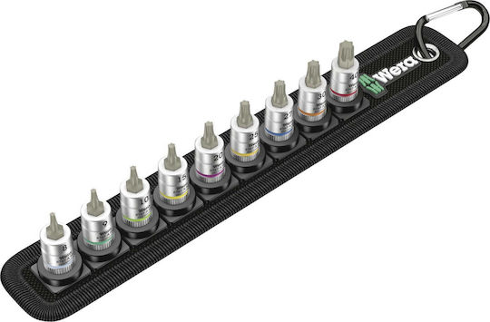 Wera Set Sockets 1/4" Belt A 3 Torx HF Zyklop Walnut with Torx Head and Socket 1/4'' T10 / T15 / T20 / T25 / T27 / T30 / T40 / T8 / T9 9pcs