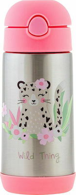 Stephen Joseph Leopard Kinder Trinkflasche Thermos Rostfreier Stahl mit Strohhalm Rosa 350ml