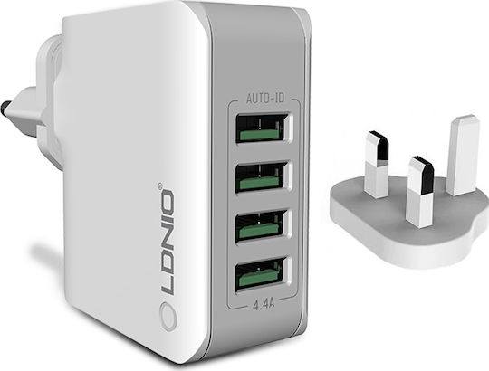 Ldnio Φορτιστής Χωρίς Καλώδιο με 4 Θύρες USB-A Λευκός (A4403 UK)