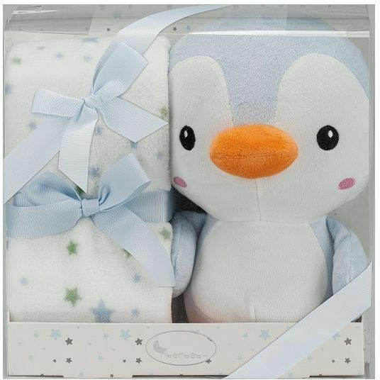 Interbaby Blanket Nursery Swaddling Blankets Pinguin Velvet Light Blue with Animal 80x110cm