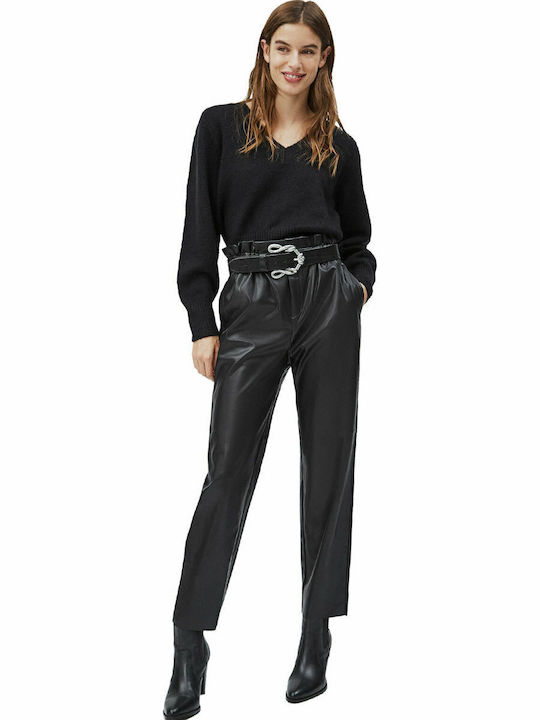 Nika Women's High-waisted Fabric Trousers with Elastic Regular Fit Black