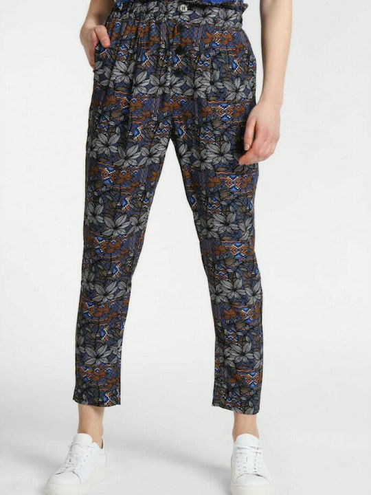 Funky Buddha Women's High Waist Fabric Capri Trousers with Elastic in Regular Fit Floral Navy Blue