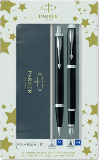 Parker IM Duo Pen Set Ballpoint Medium with Fountain Pen Medium made of Steel Laque Black CT in a case