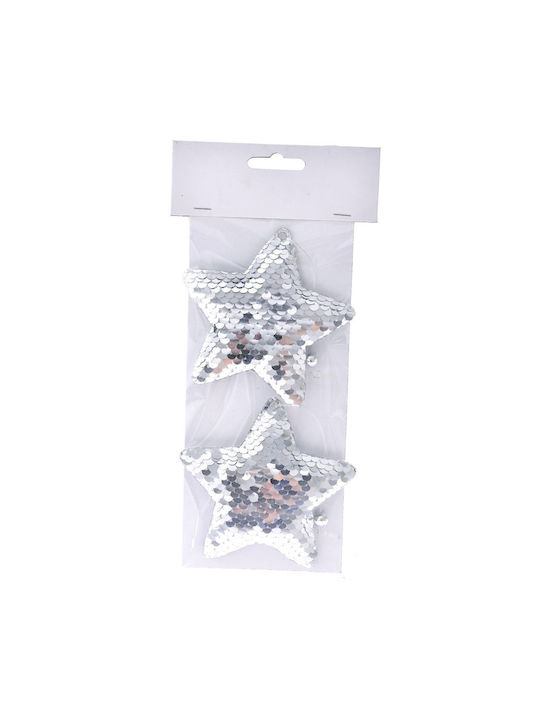 Hanging Ornament Star Plastic Silver with Sequins Set 2pcs