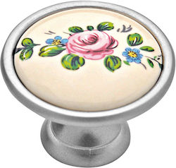 Roline 523 Antique Knob Furniture made of Porcelain & Metallic Nickel Satin with Pink Flower D33mm 523 1pcs
