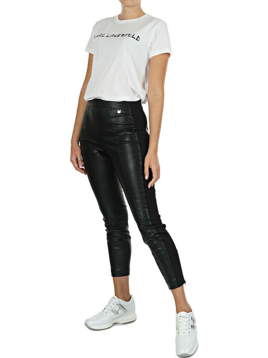 Damen Hoch tailliert Stoff Capri Hose mit Gummizug in Enger Passform Schwarz