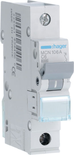 Hager Automatic Circuit Breaker 6A Single-pole AC/DC MCN106