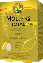 Moller's Total Plus Ωμέγα 3 28 κάψουλες Βιταμίνες & Μέταλλα, Τζίνσενγκ, Ροδιόλα & Κράταιγος 28 ταμπλέτες