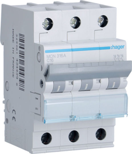 Hager Automatic Circuit Breaker 16A Triple-pole AC MCN316