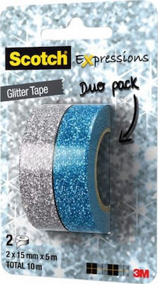 Scotch Adhesive Decoration Tape Expressions 2pcs Sellotape Glitter 15mm x 5m Blue-Silver 2pcs 076130326