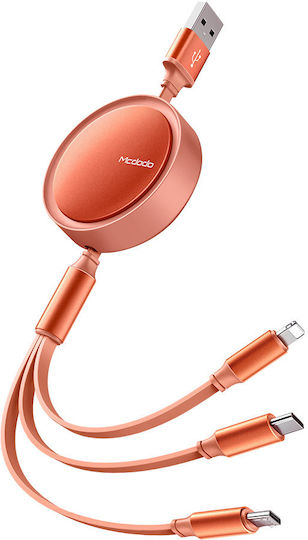 Mcdodo Flat / Retractable USB to Lightning / Type-C / micro USB 1.2m 3A Cable Orange (CA-7252)