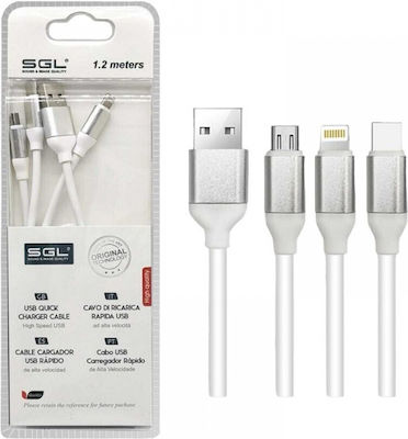 SGL Regular USB to Lightning / Type-C / micro USB 1.2m Cable White (194796)